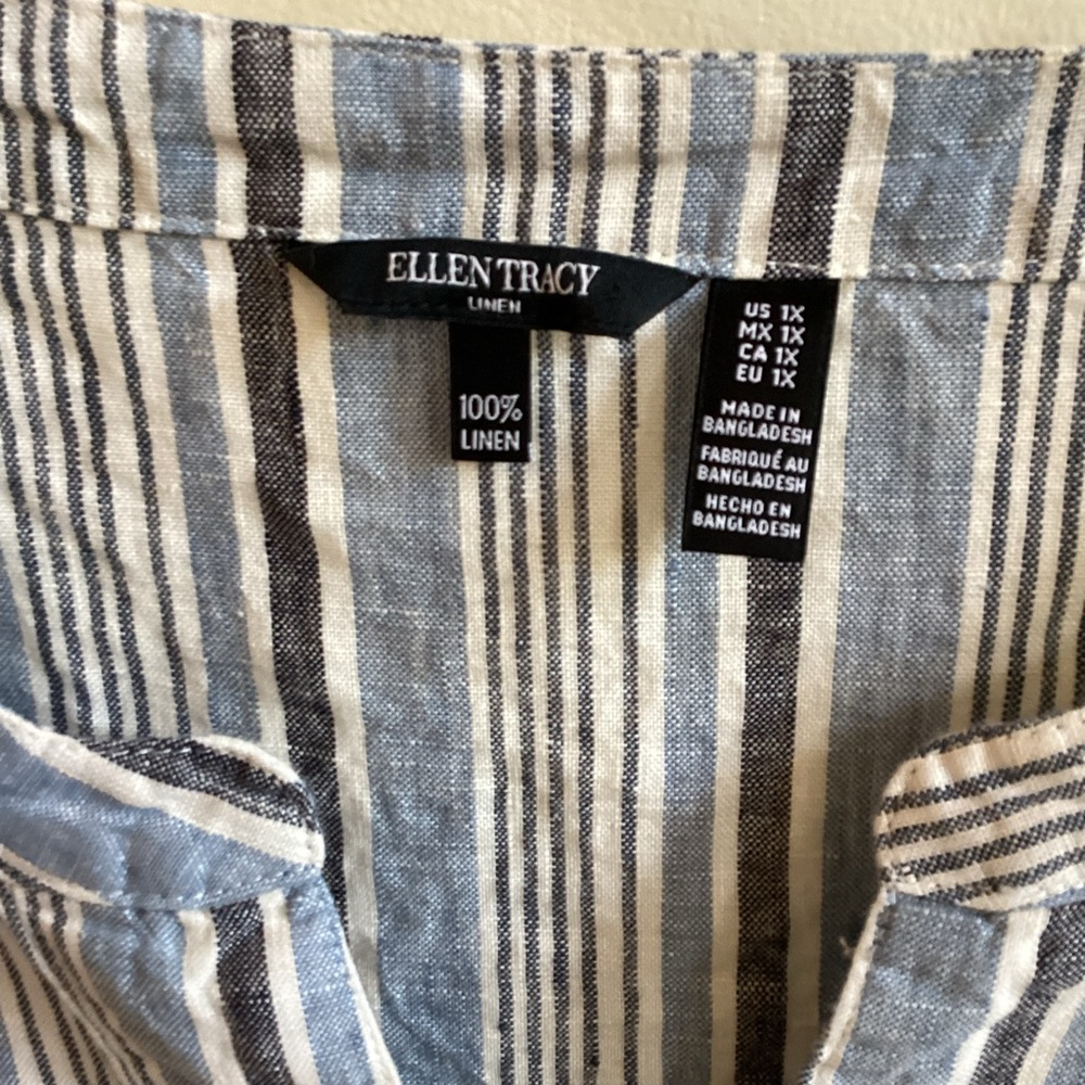 Ellen Tracy Blue Striped 100% Linen Tunic Pearl Zip size 1X - Picture 3 of 4